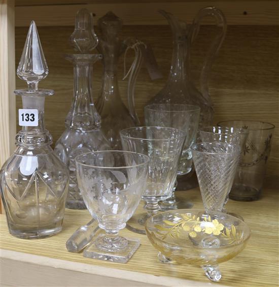 Four cut glass decanters, glasses and a pair of vases, etc
